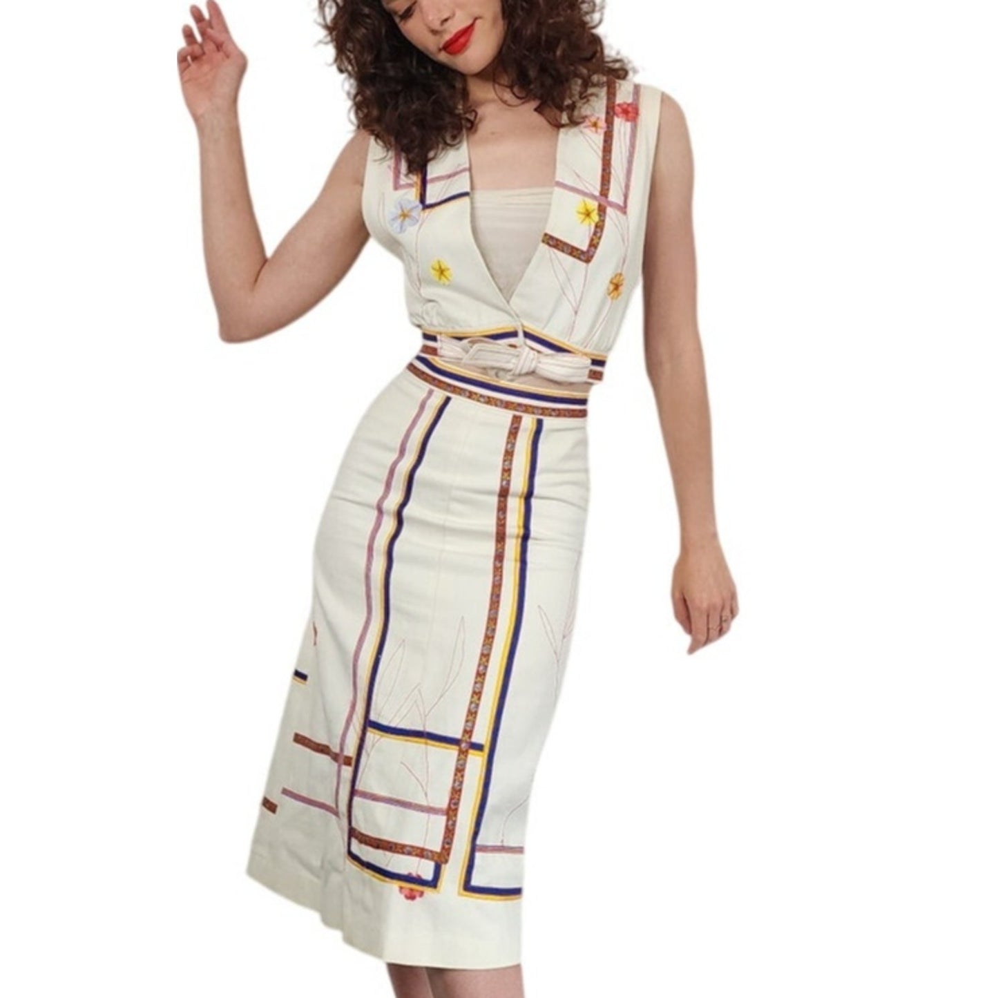 Vintage 1970s Marshall Rouso Skirt + Vest Set in Embroidered Denim / XS