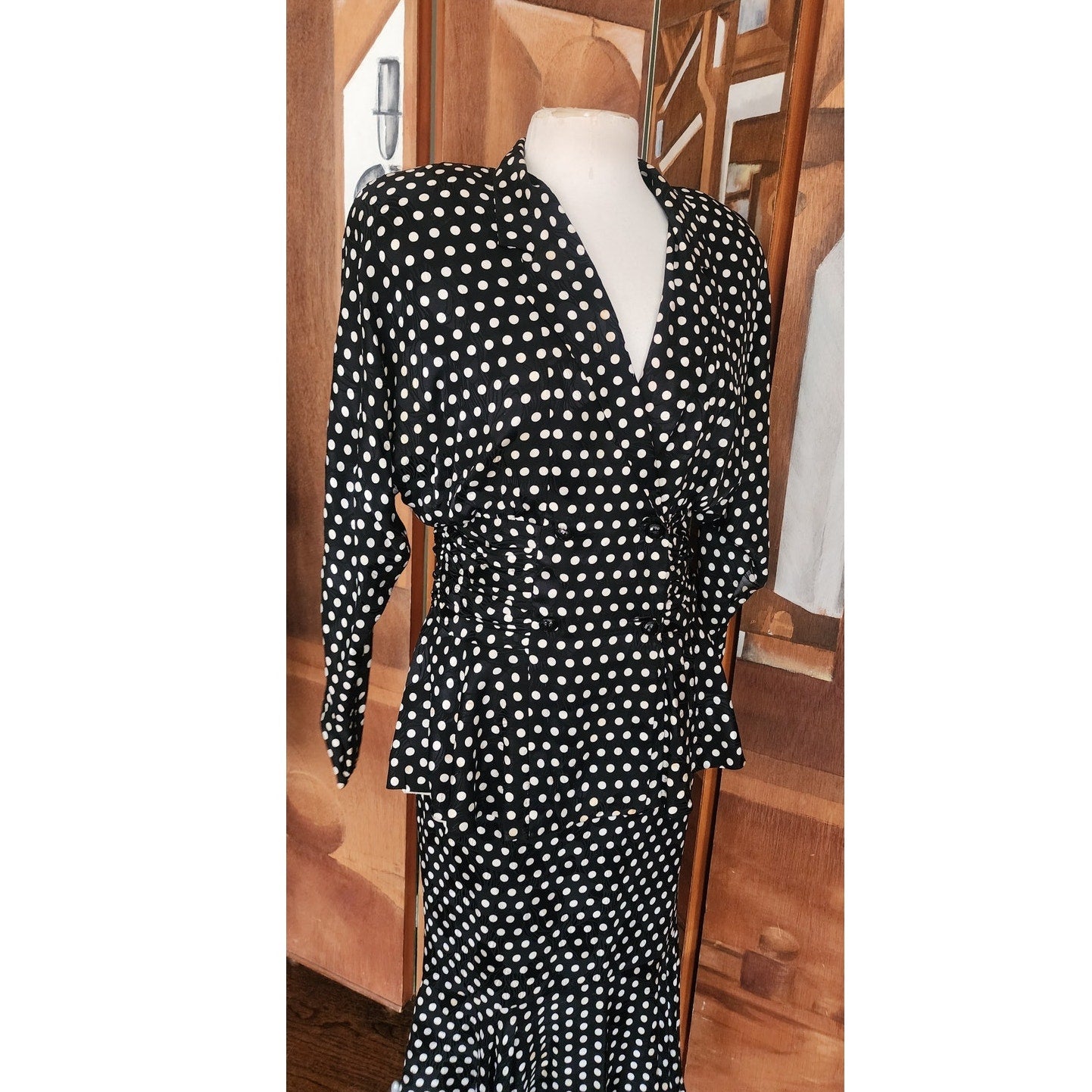 Vintage 80s Saint Romei Neiman Marcus Silk Polka Dot Peplum Jacket Fishtail Skirt Suit Set