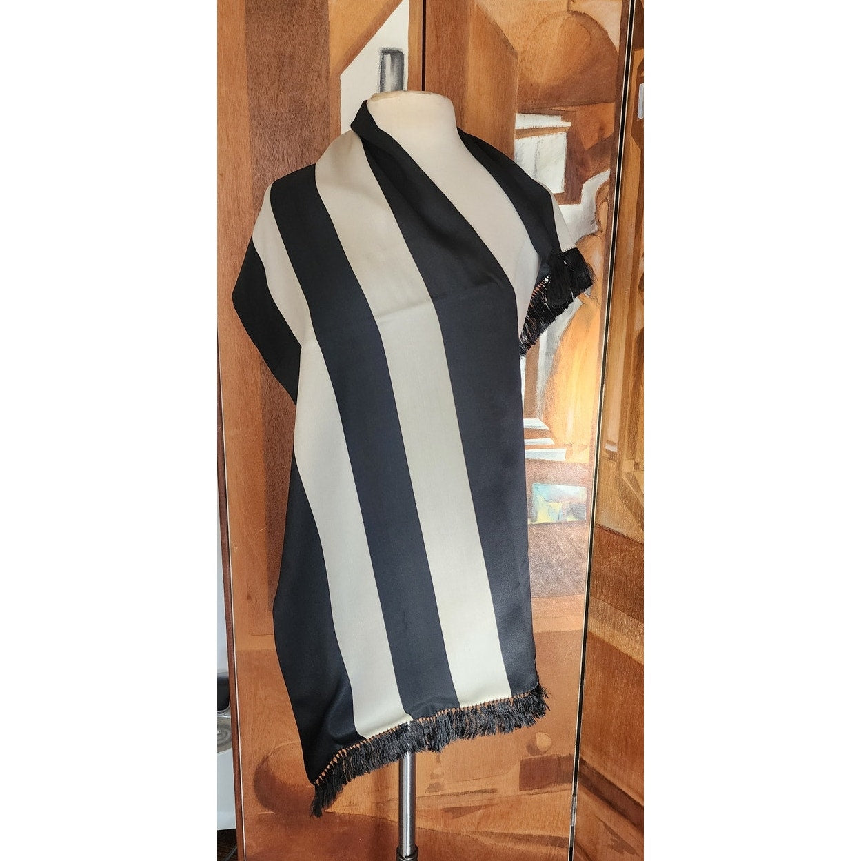 Vintage 40s Liquid Silk Scarf Black White Striped Fringed Peck & Peck Unisex Art Deco Geometric