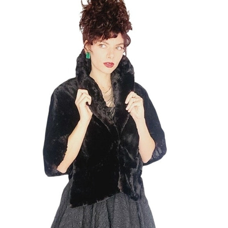 Vintage 50s Fur Shrug Wrap Black Rabbit Fur