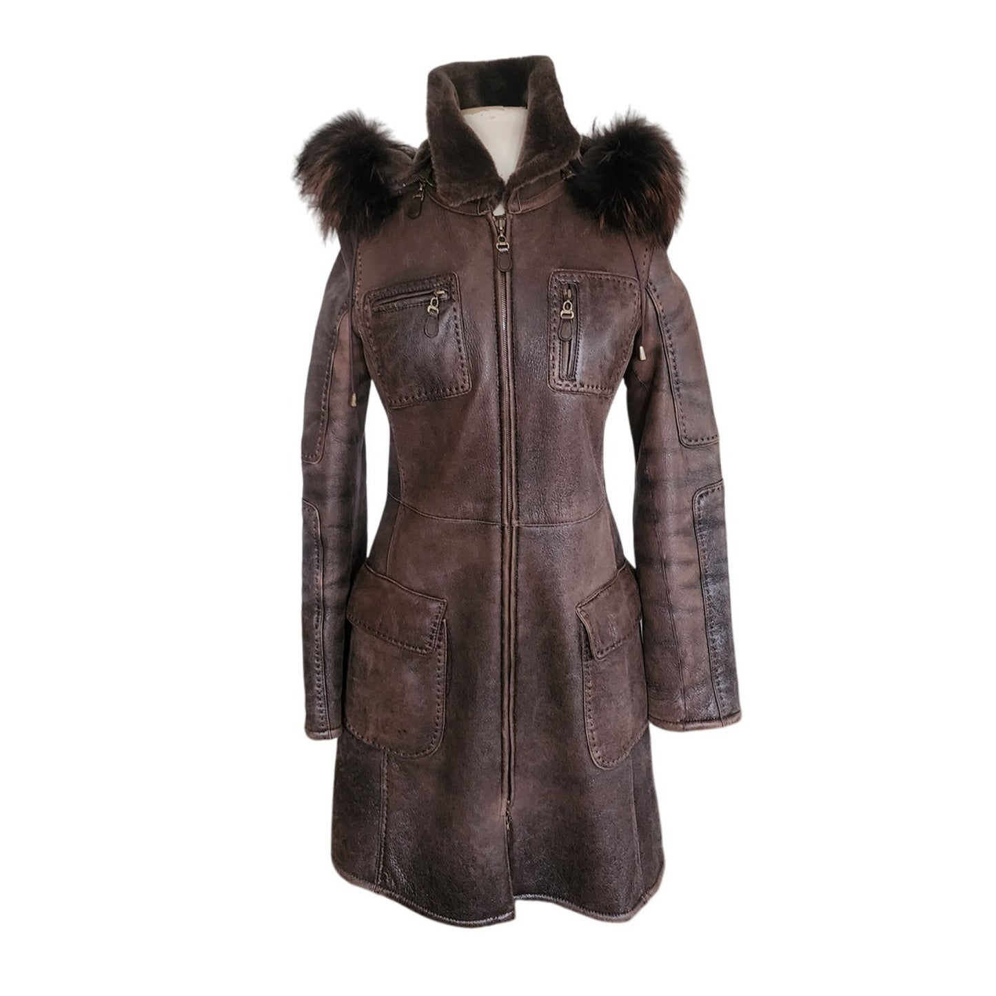 Vintage Y2K Brown Leather Parka Coat w/Fur Lined Hood & Shearling Liner Fitted S