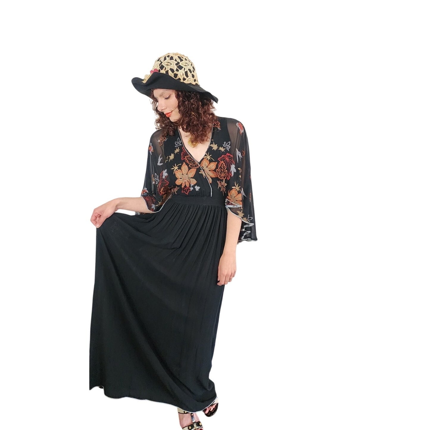 Vintage 1970s Janice Wainwright Dress Embroidered Black Maxi Butterfly Sleeves XS Tall