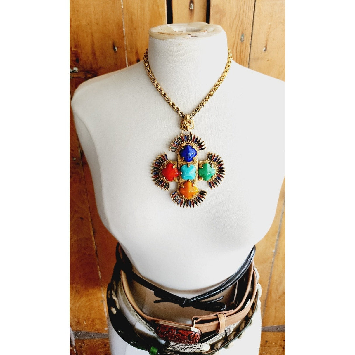 Vintage 70s Pendant Necklace Larry Vrba for Castlecliff Aztec Maltese Cross Pre-Columbian Inspired