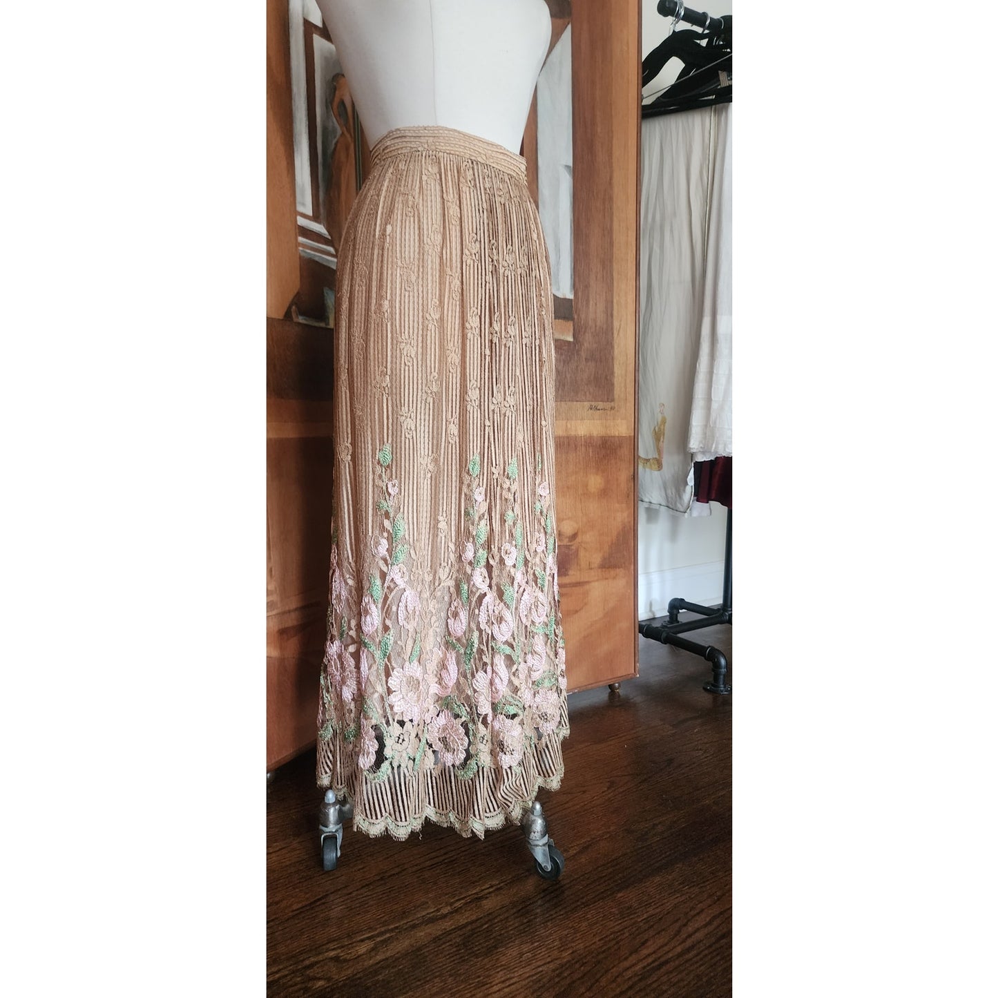 Vintage 1970s Jayna New York Dress Set Knit Crochet Top + Skirt Beige Lace Embroidery