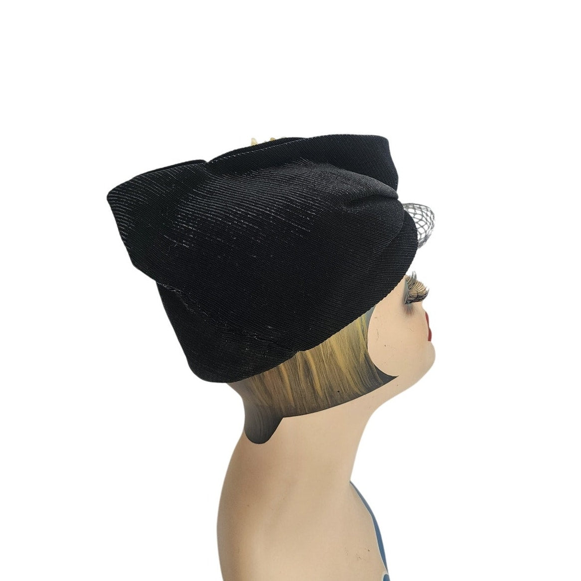 Vintage 30s Art Deco Style Hat Black w/Cream Lucite Modernist Design