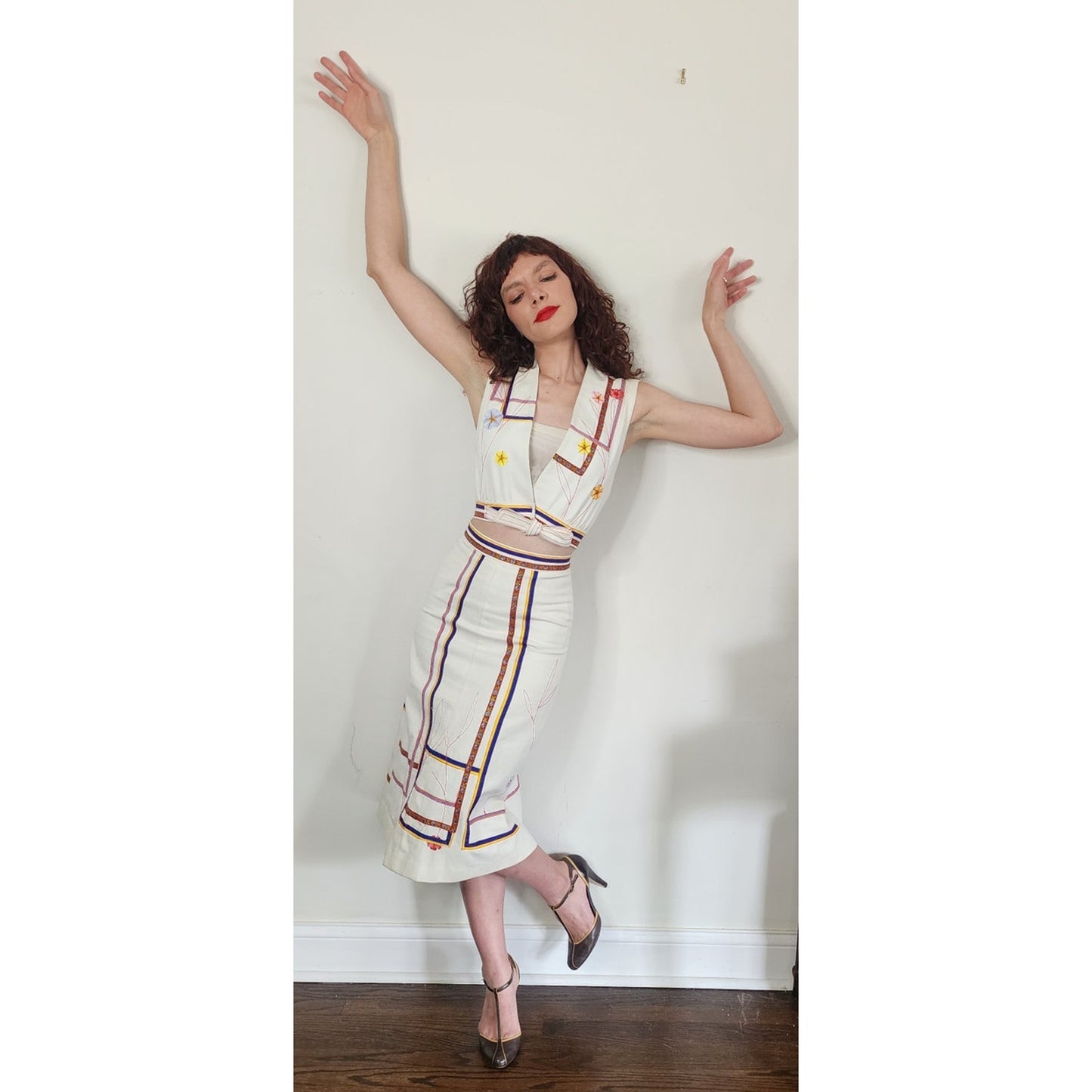 Vintage 1970s Marshall Rouso Skirt + Vest Set in Embroidered Denim / XS