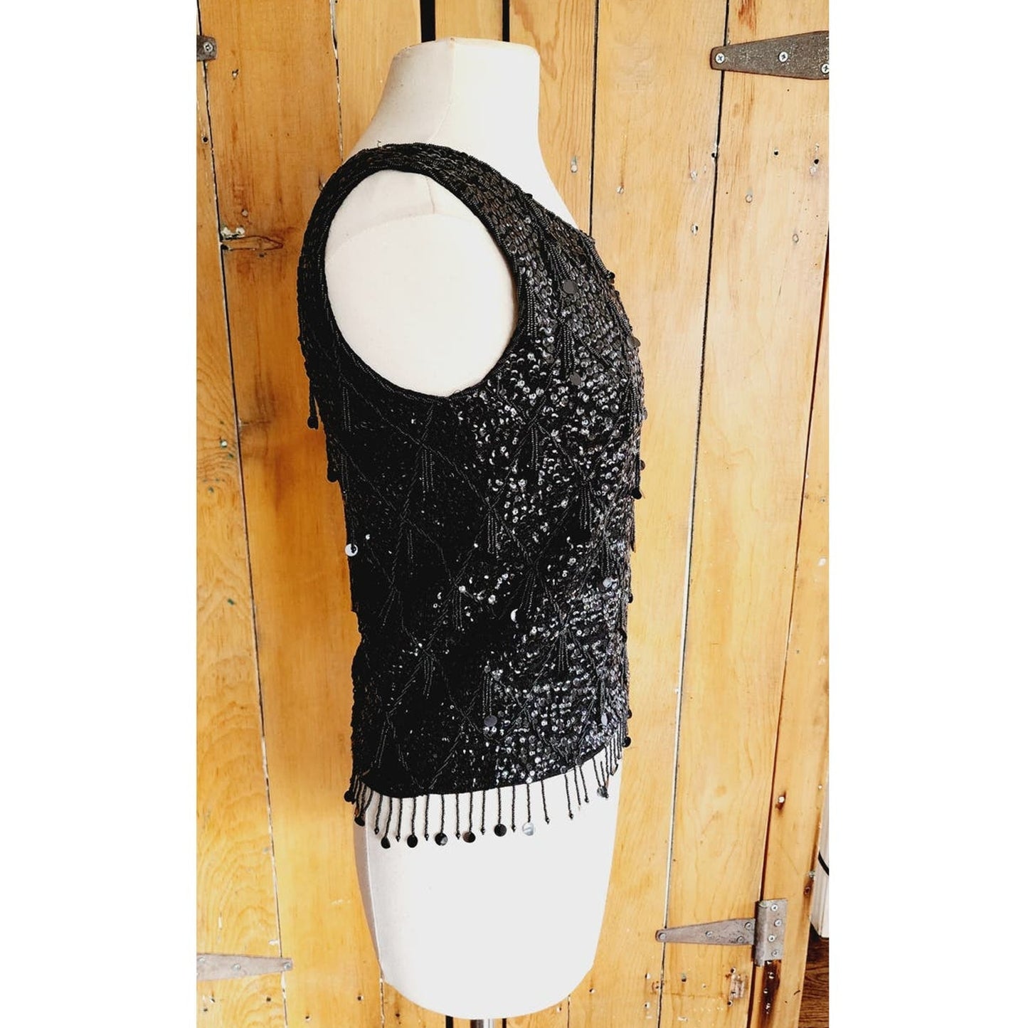 Vintage 60s Black Beaded Shell Top Dressy Sleeveless