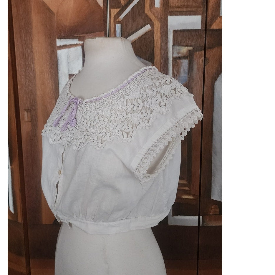 Vintage 1900s Blouse White Antique Edwardian Crochet Lace Cropped Top Button Down