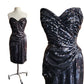 Vintage 80s Tadashi Strapless Dress Black Sequins Ruched Waist