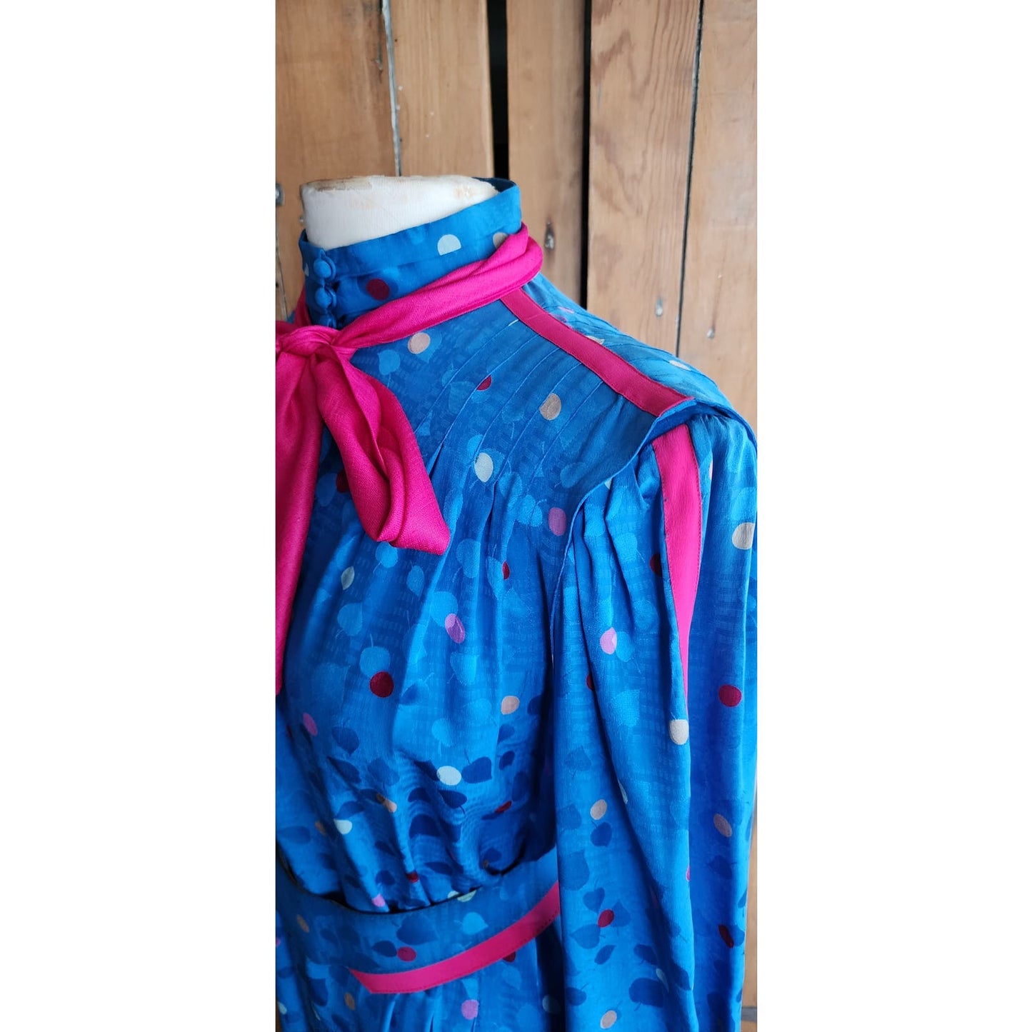 Vintage 80s Blue Silk Dress Polkadot Print Francesca Damon Starington