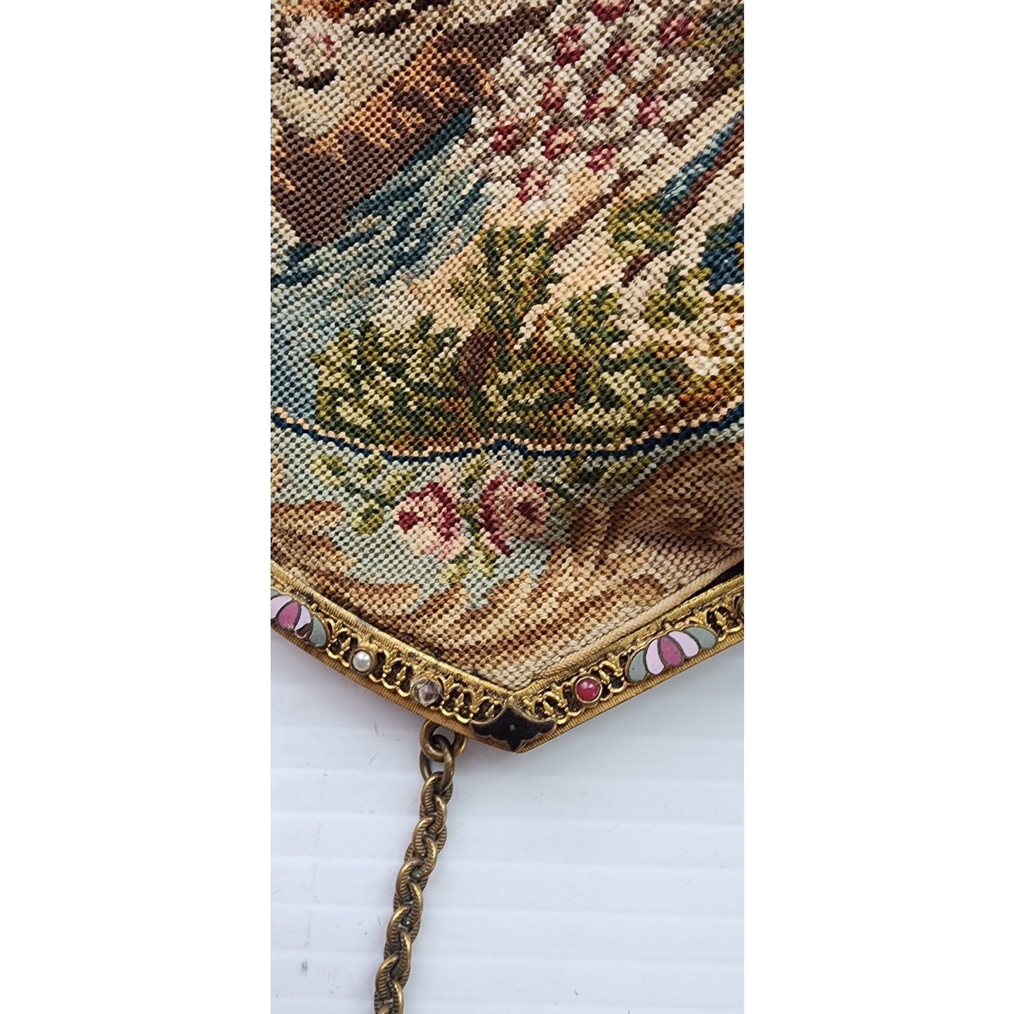 Antique French Handbag Tapestry Weave w/Enameled Frame Pastoral Rococo