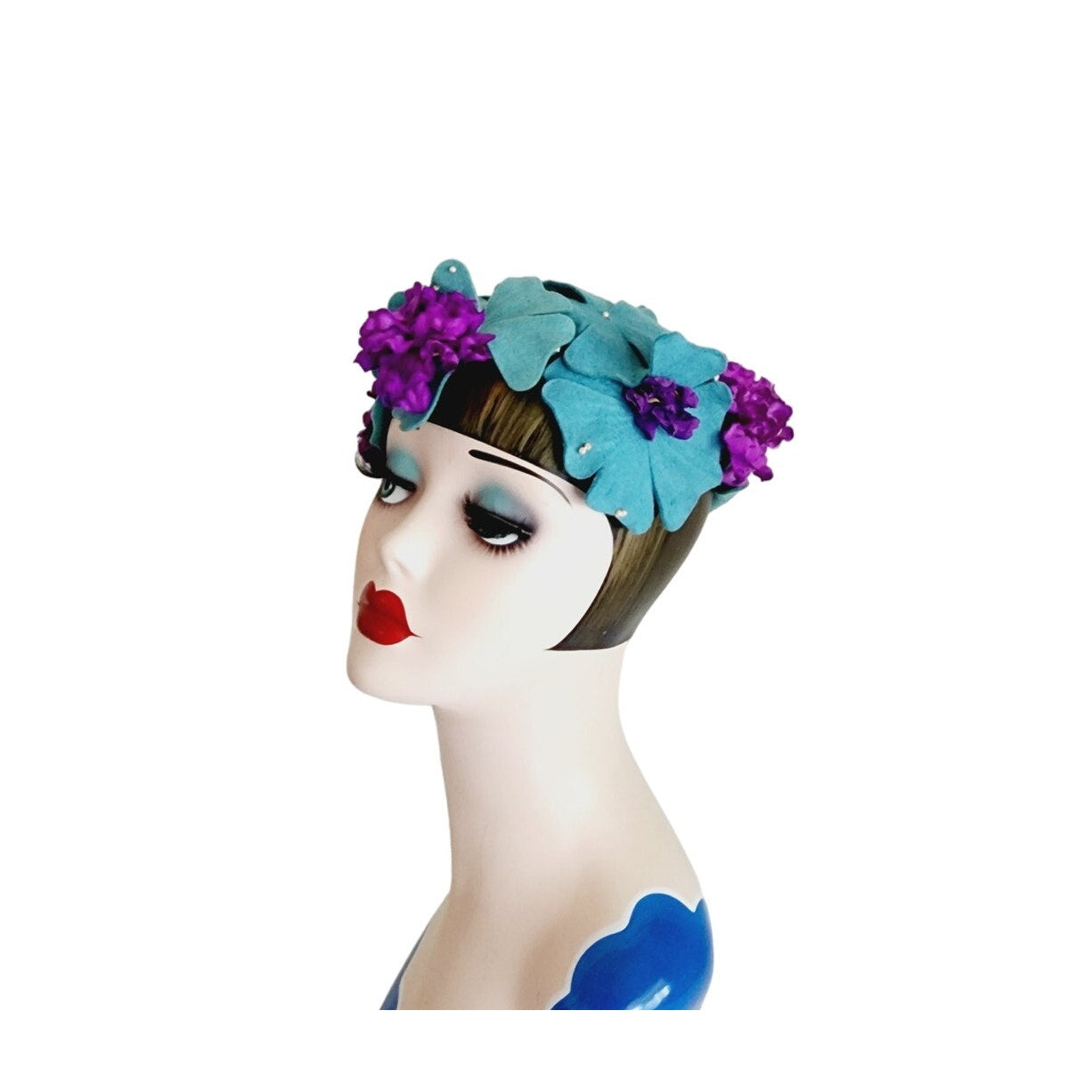 Vintage 50s Flower Hat Felt Petals Blue Purple Hattie Carnegie
