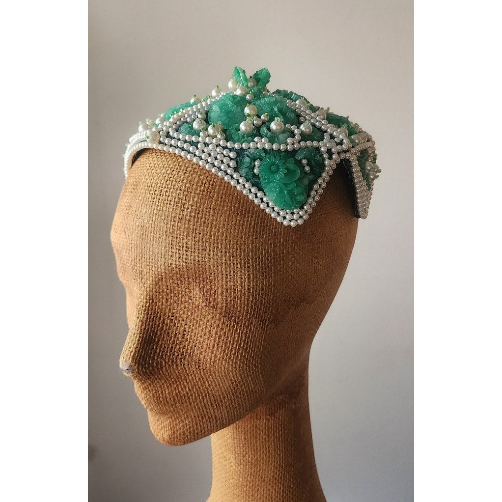 Vintage 1950s Green Beaded Cocktail Hat a la Bes-Ben