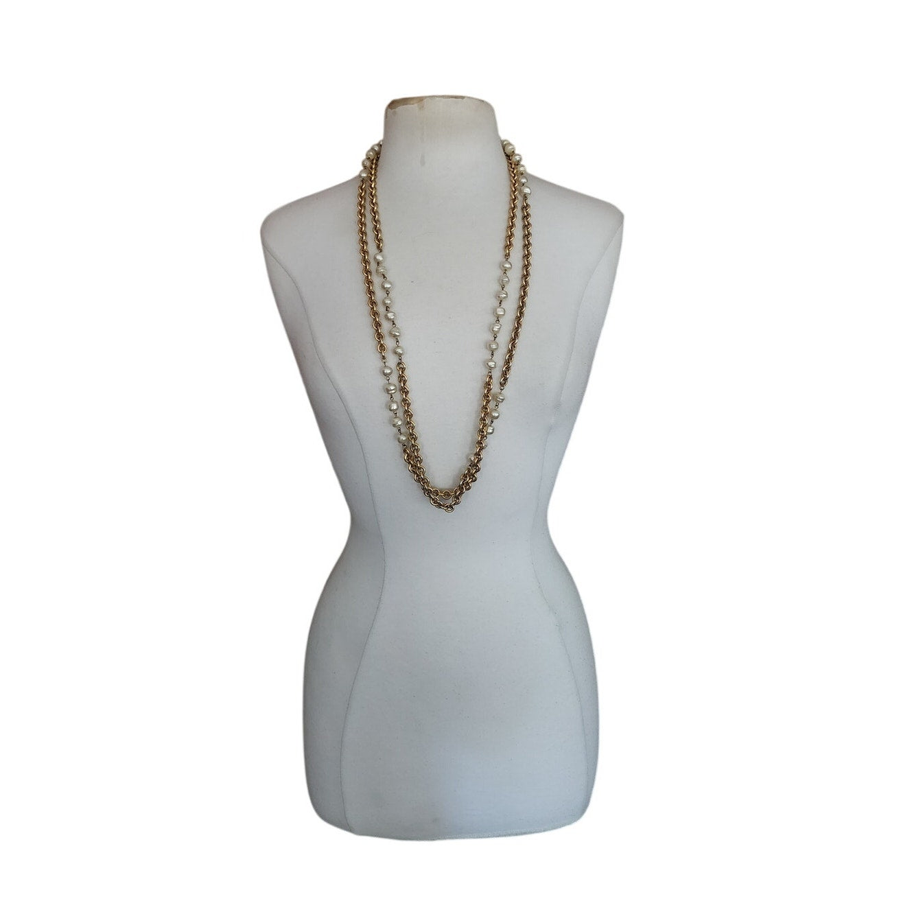 Vintage Chanel 1984 Necklace Double Strand Gold Chain Baroque Pearl Documented Runway Lagerfeld Era
