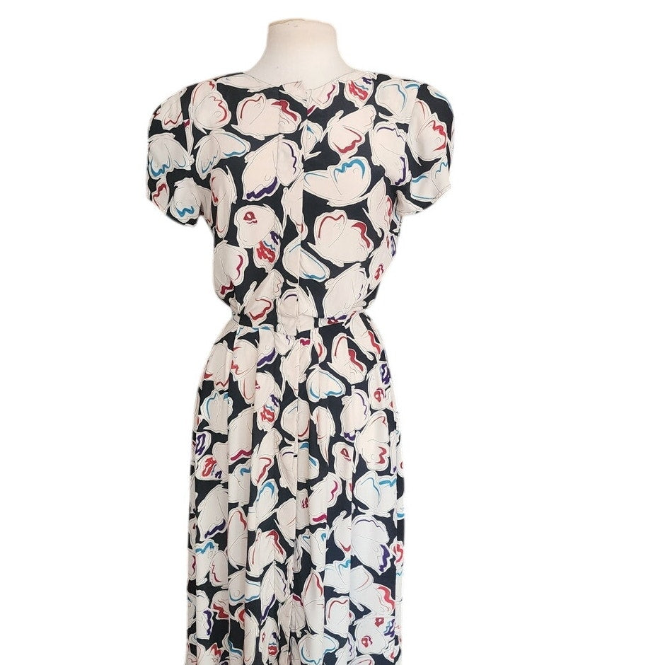 Vintage 1980s Krizia Dress Silk Puff Sleeve Open Back Geometric Abstract Midi