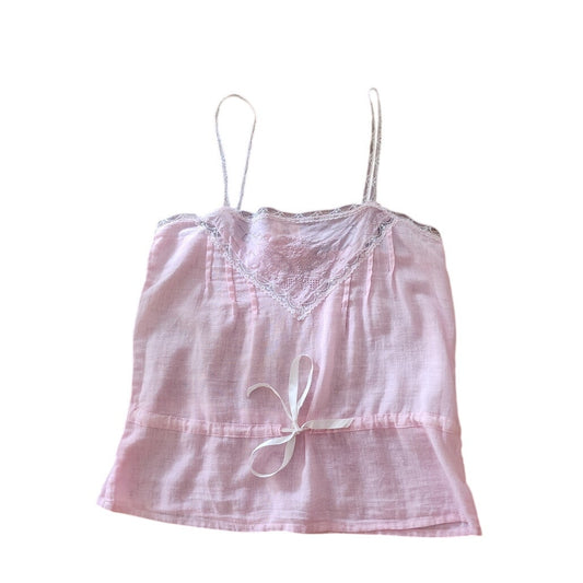 VTG 1980s Pink Cotton Lace Top Shell Embroidered Neo Edwardian Romantic Shirt