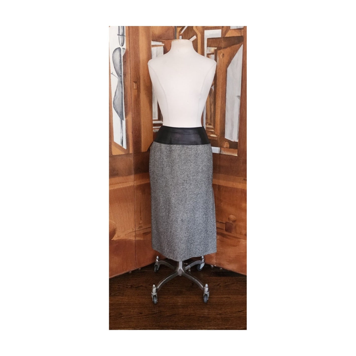 Vintage 80s Guy Laroche Boutique Pencil Skirt Gray Wool Tweed Black Leather Small