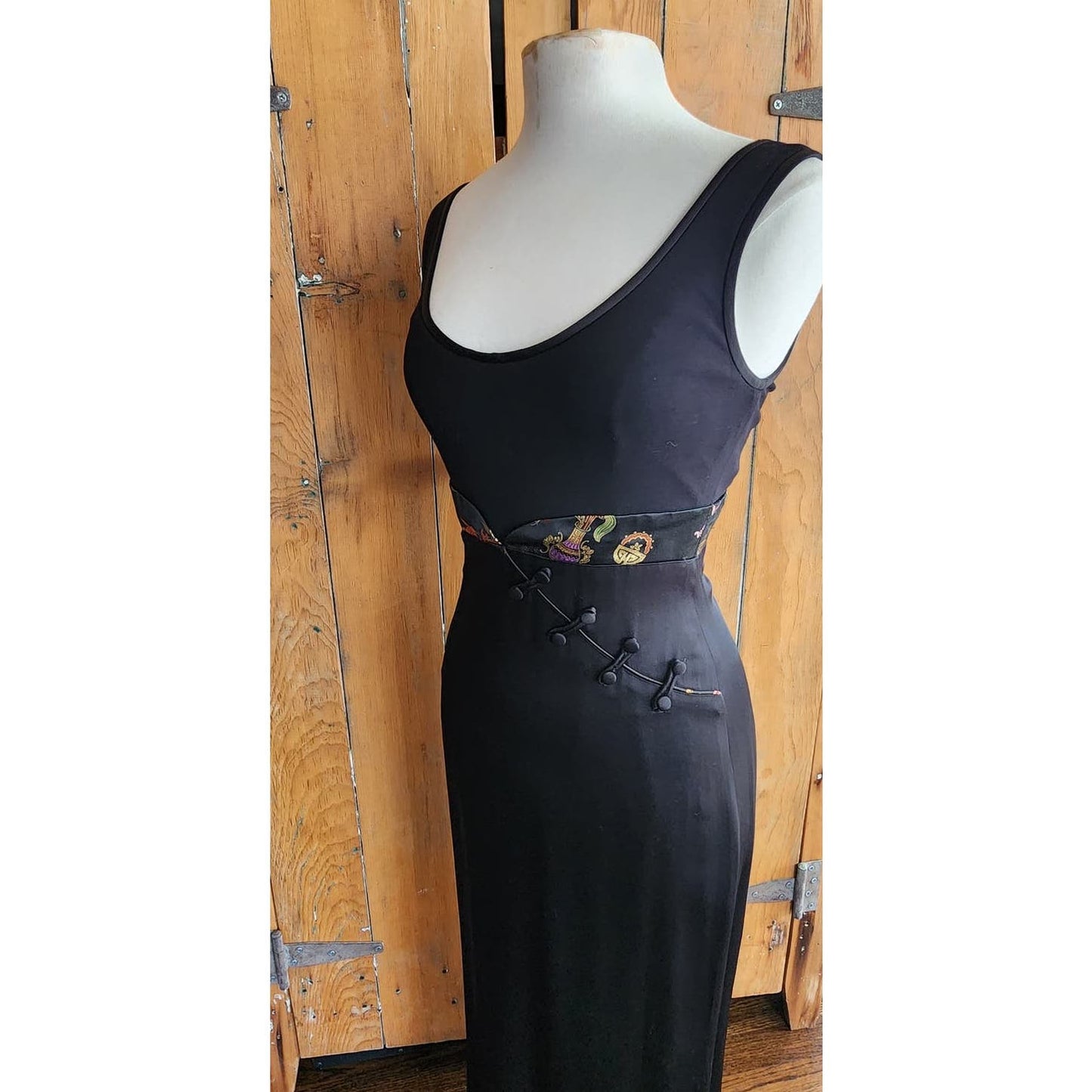 Vintage 90s Nicole Miller Evening Dress Black w/Chinese Embroidery