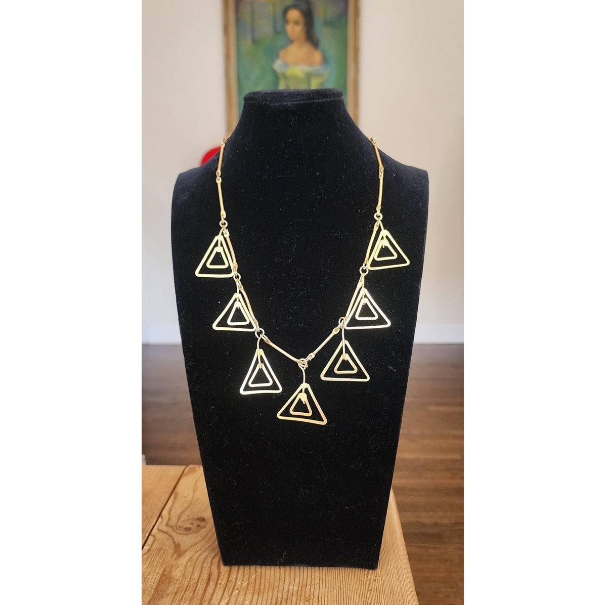 Vintage Gold Necklace Geometric Triangle Pendants Klimt Art Deco Style