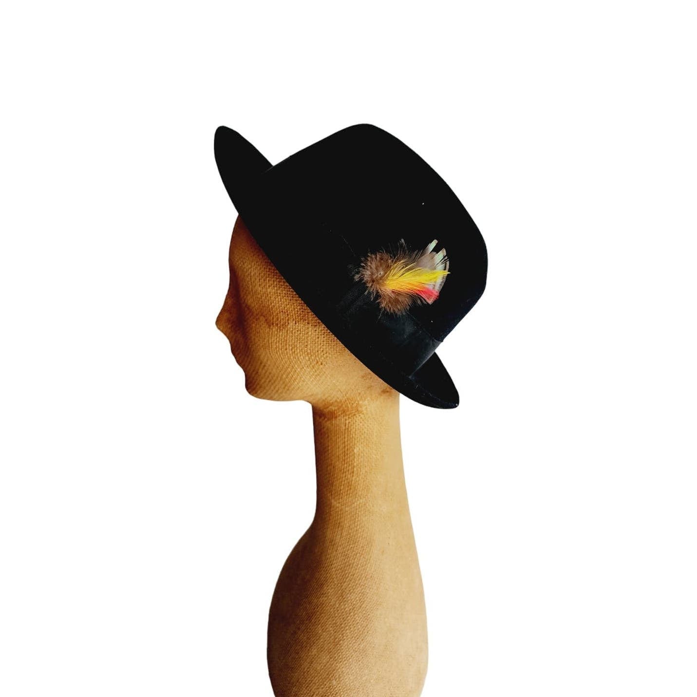 Vintage 60s Mens Fedora Stetson Hat Black Wool Orange Feather 7 3/8