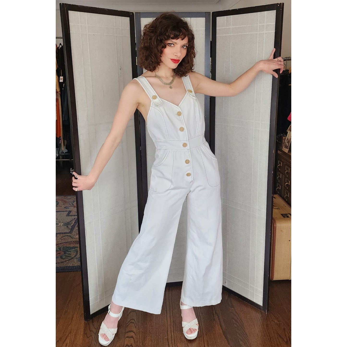 Vintage 70s Jumpsuit in White Cotton Big Pockets