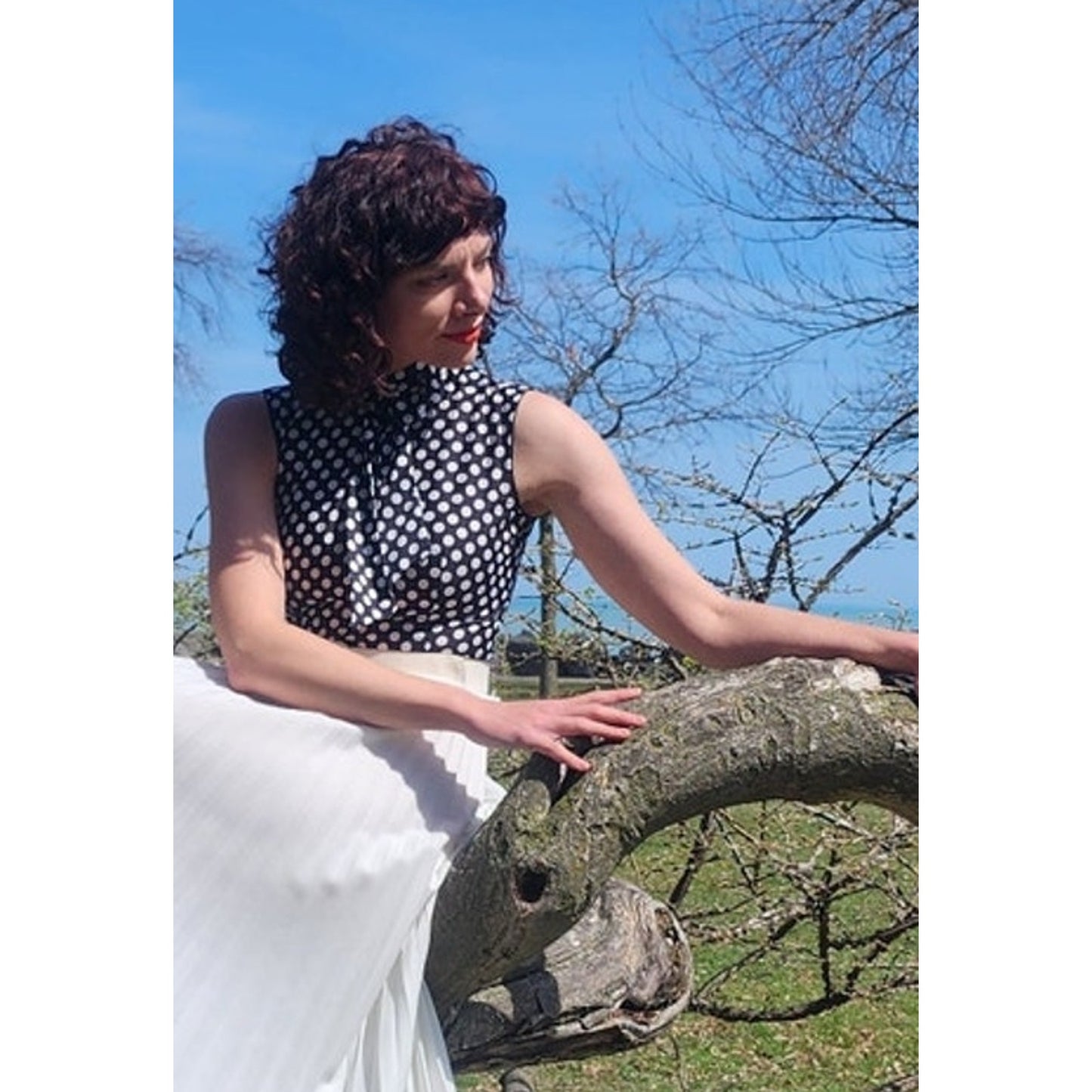 Vintage 1970s Maxi Dress Polkadot Print Pleated Skirt Black White Belted / S