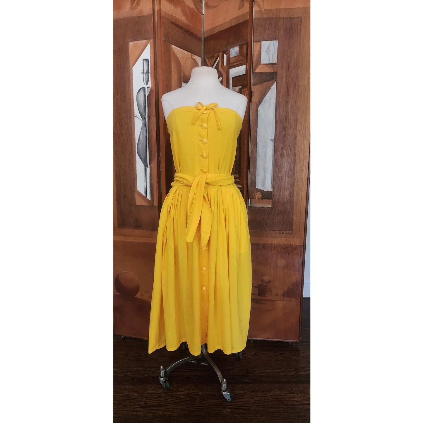 Vintage 80s Sonia Rykiel Strapless Dress Yellow Cotton Button Front Sash Belt Waist