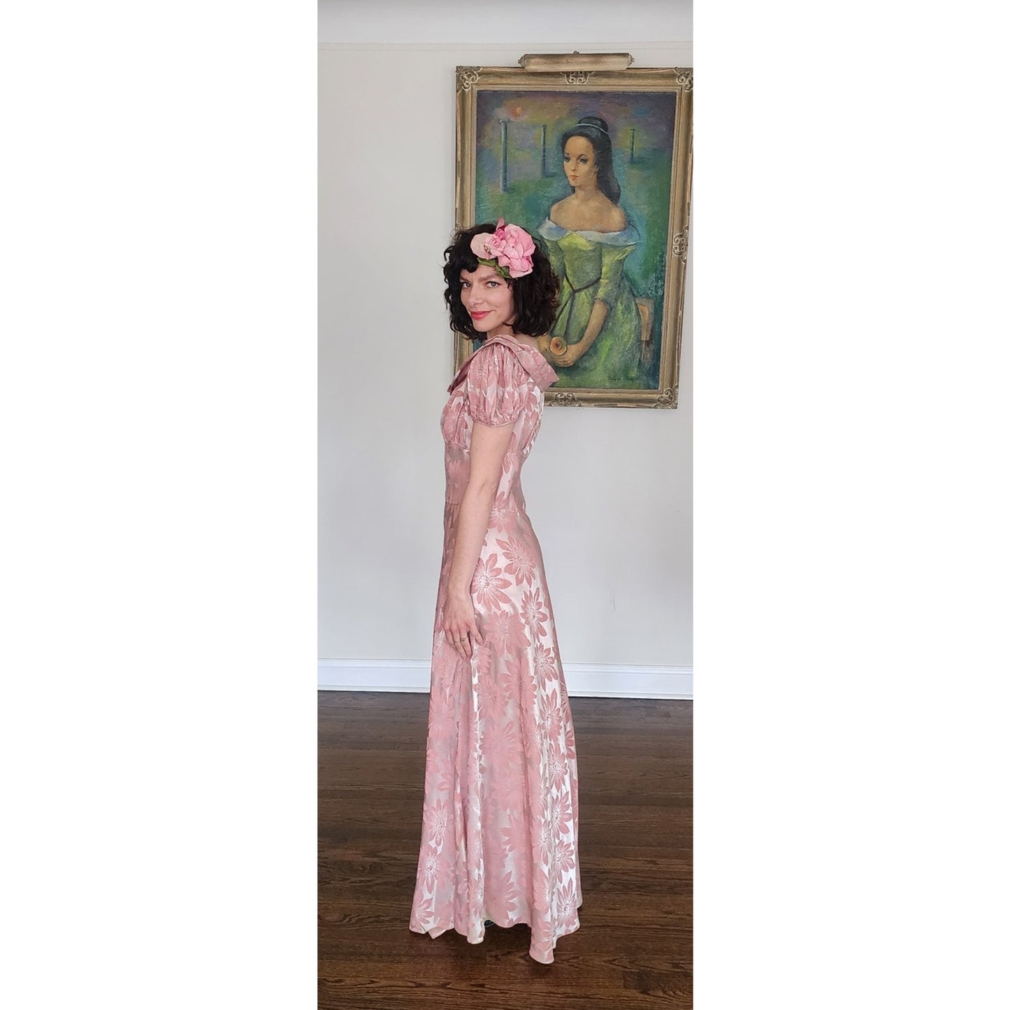 Vintage 30s Vintage Pink Floral Satin Evening Gown Old Hollywood Prom Dress