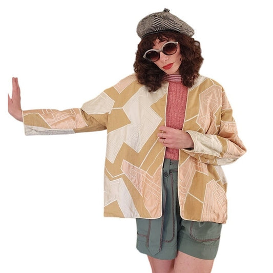 Vintage 80s Blazer Cotton Patchwork  Jacket Beige Brown Hyacinth Mexico