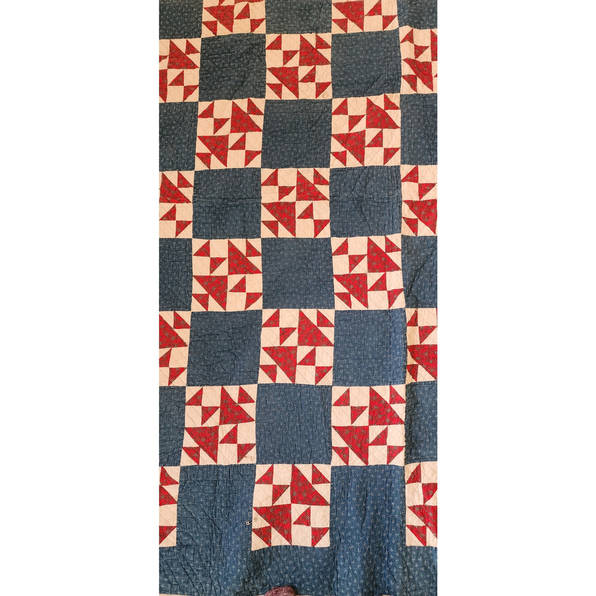 Antique American Quilt 1800s Old Maid's Puzzle Cotton Indigo Turkey Red Checkerboard