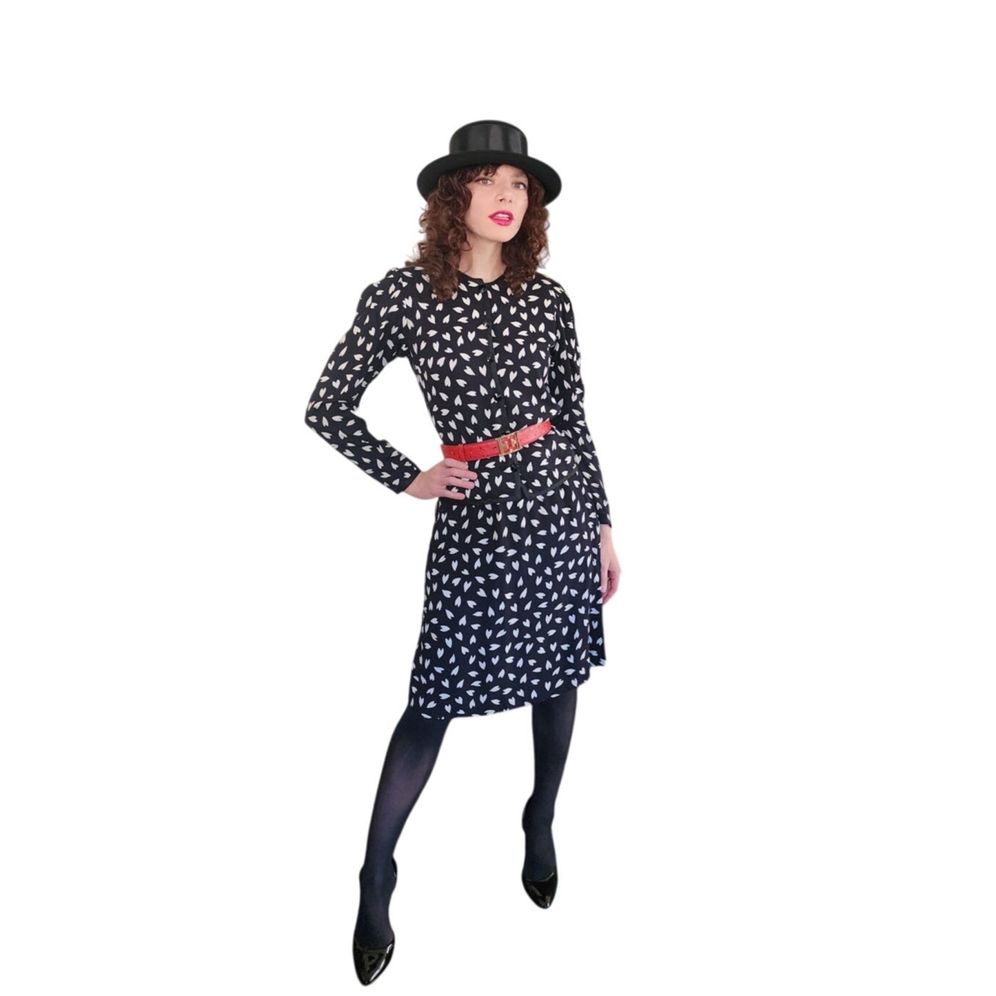 Vintage 1970s Yves Saint Laurent Skirt Suit Heart Print Silk Black White / S