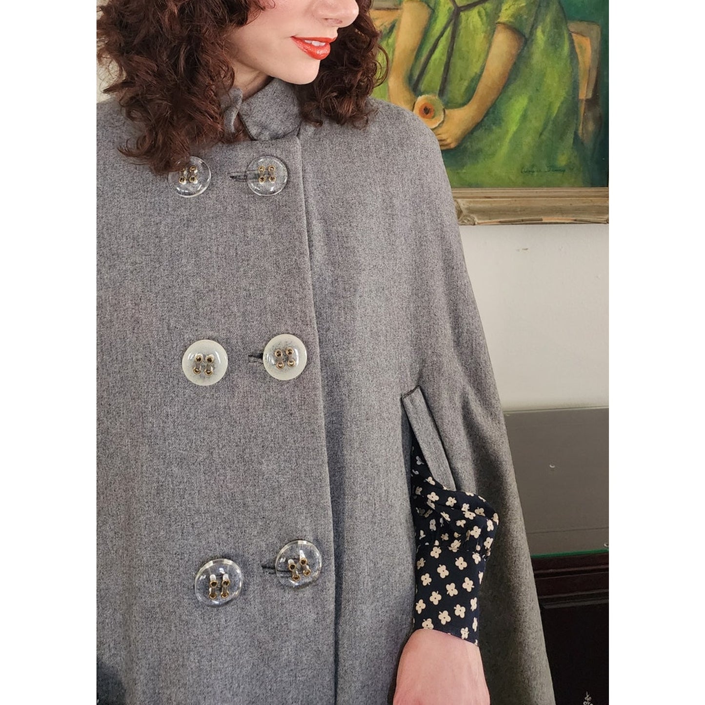 Vintage 60s Cape Coat Gray Wool Cloak w/Fuzzy Liner Mod Style / Med