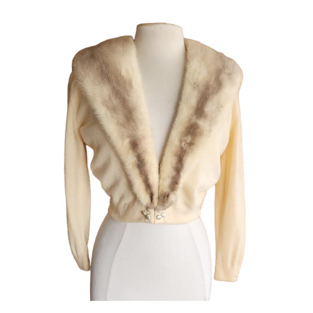 Vintage 50s Cream Cashmere Cardigan Blonde Mink Collar