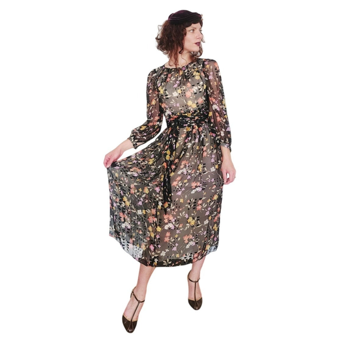 Vintage 1970s Dark Floral Print Dress Gauzy Maxi Sash Tie Belt