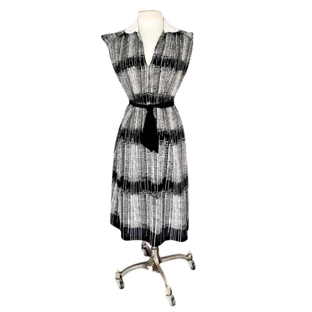 Vintage 70s Day Dress Black White Stripe, Belted,  Lady Page