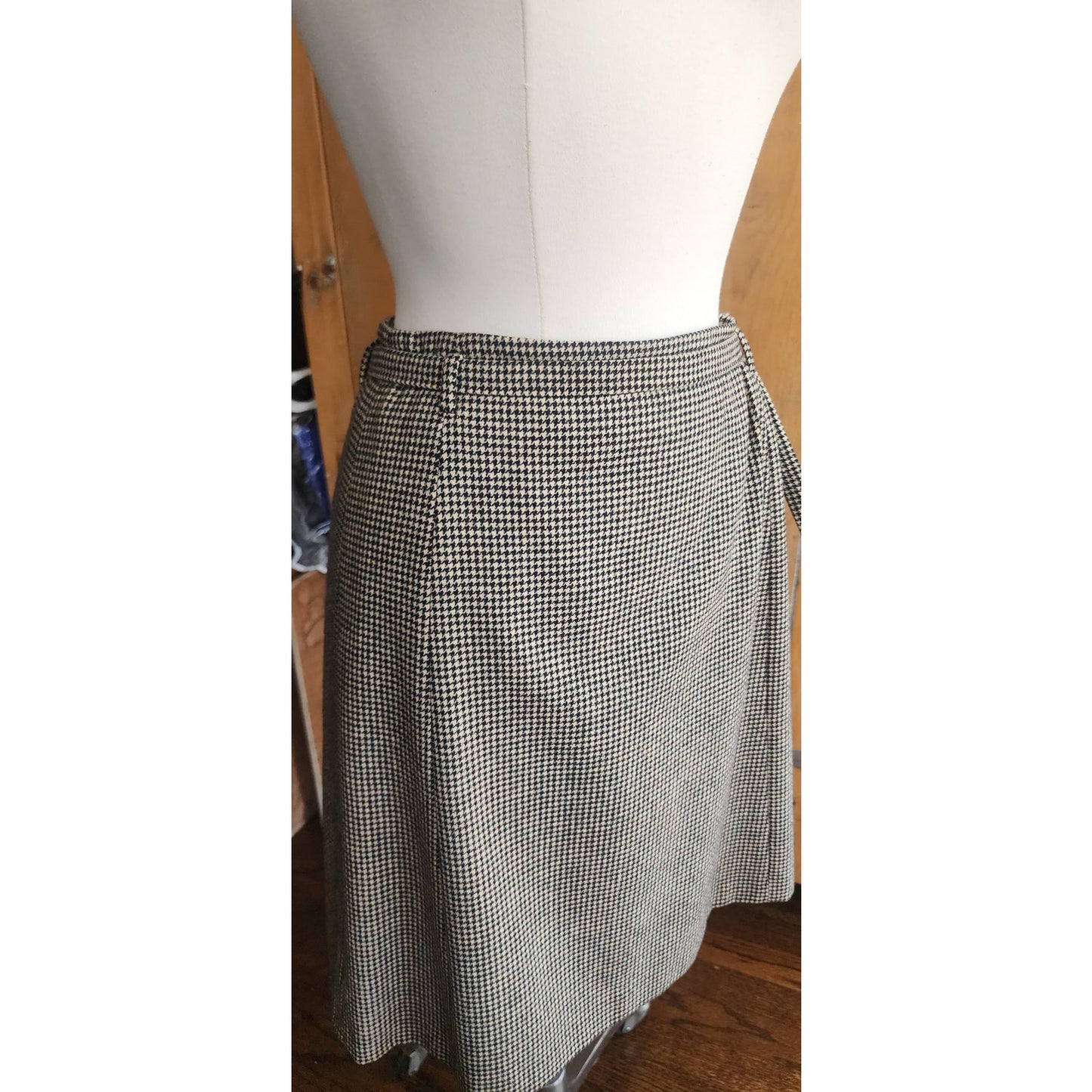 Vintage Dries Van Noten Skirt Gray Houndstooth Wool A Line Knee Length Belt Sash / Medium