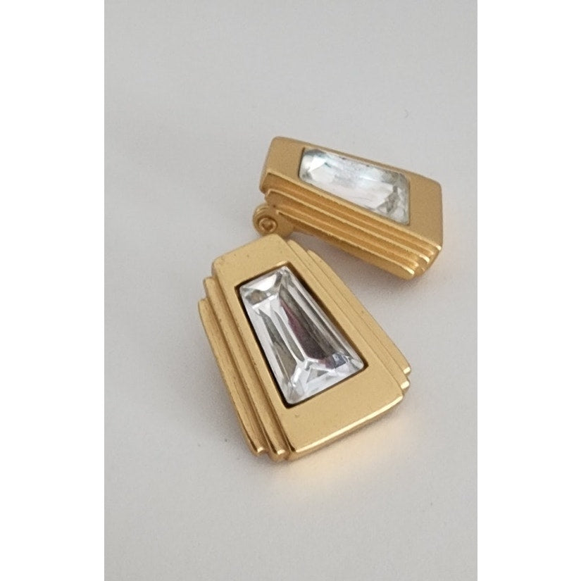 Vintage Art Deco Style Bracelet Clip Earrings Set Gold w/Clear Cut Glass