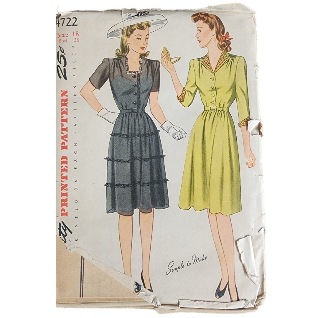 Vintage 40s Sewing Pattern: Belted Dress Simplicity Pattern 4722