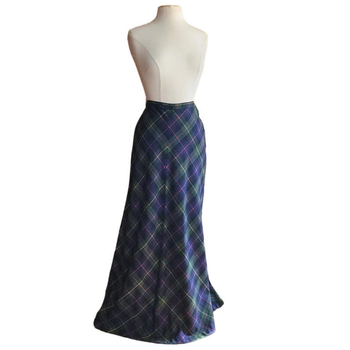 Vintage 70s Long Skirt Green Wool Plaid Prestige of Boston