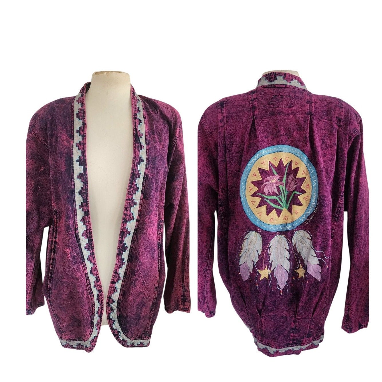 Vintage 80s Purple Denim Jacket w/Southwest Native American Motif Sundance Denim Wear