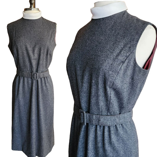 Vintage 60s Gray Wool Day Dress Belted Sleeveless Stephan Casuals