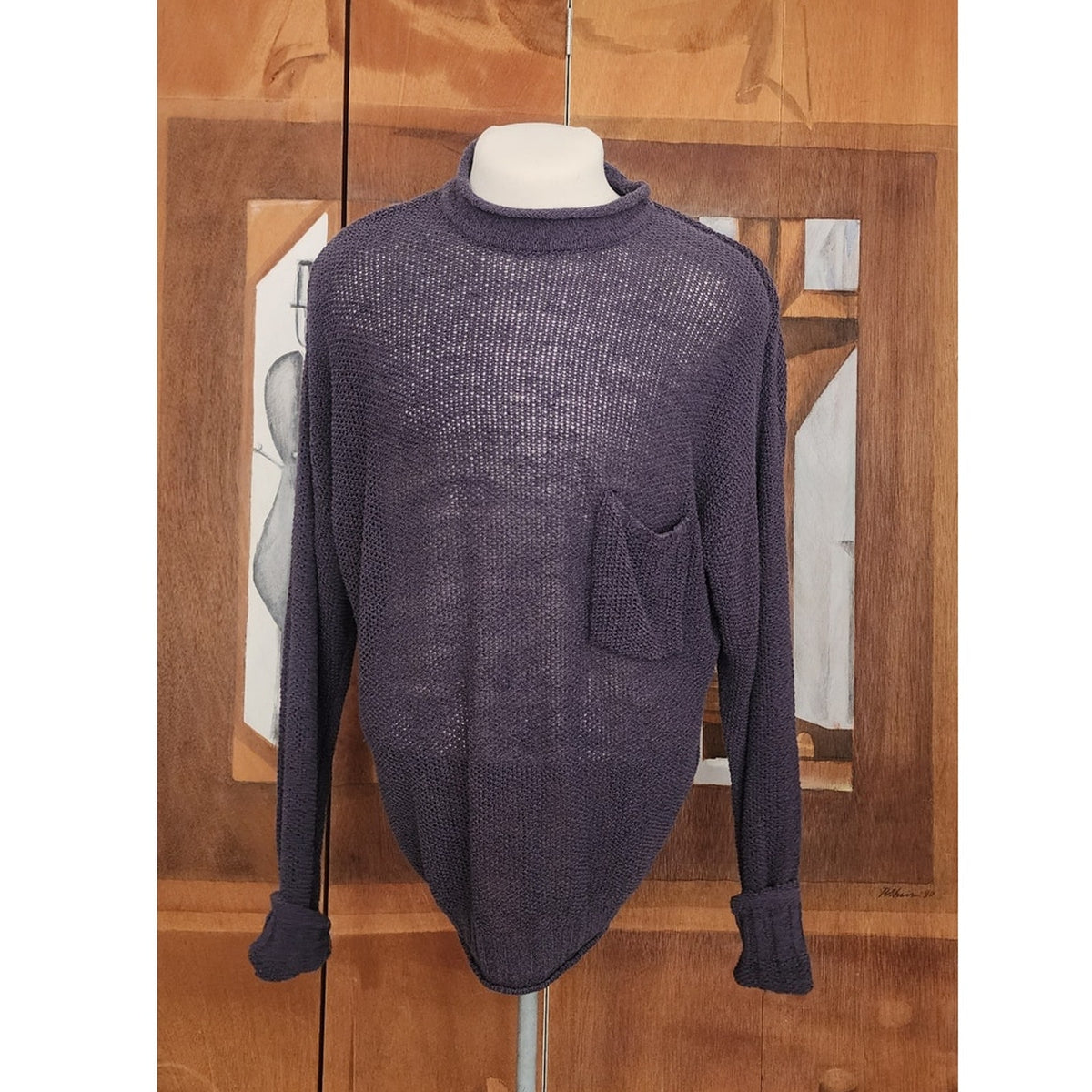 Vintage 1990s Rykiel Homme Mens Sweater Purple Sheer Mesh Open Weave Mock Neck Knit Oversized