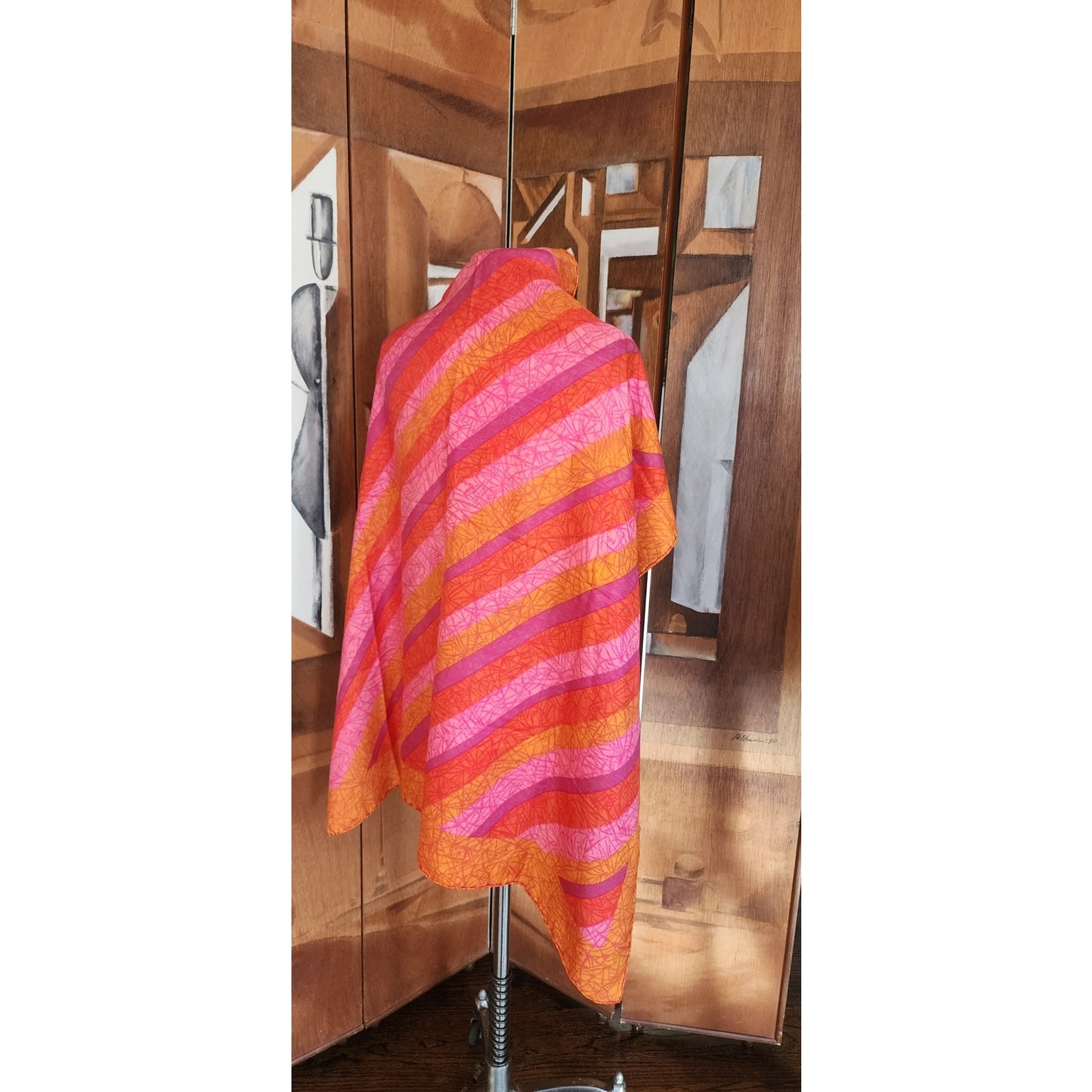 Vintage 70s Liberty of London Silk Scarf Large Orange Pink Diagonal Stripe
