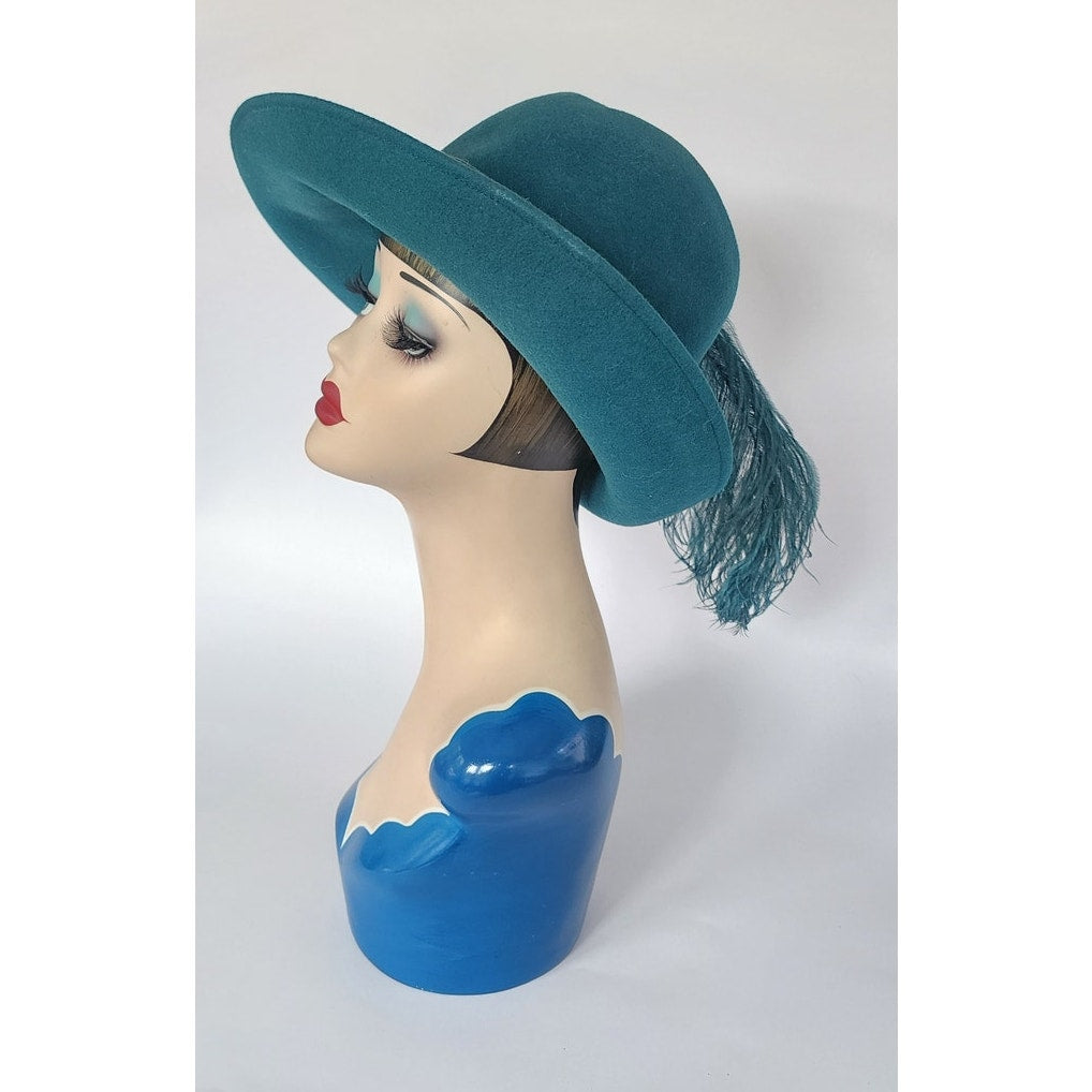 Vintage 1970s Teal Blue Wool Hat w/Large Feather by Gotham NWT