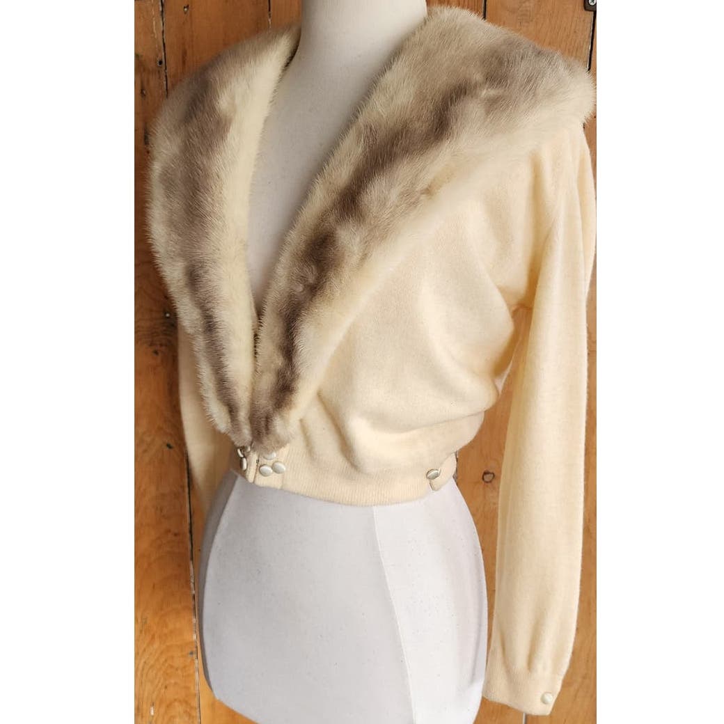 Vintage 50s Cream Cashmere Cardigan Blonde Mink Collar