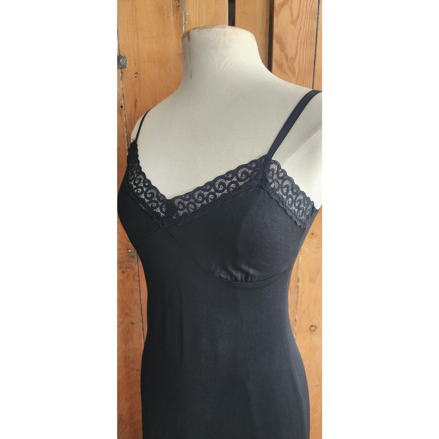 Vintage Black Negligee Slip Dress Lace Trim Spaghetti Straps / M