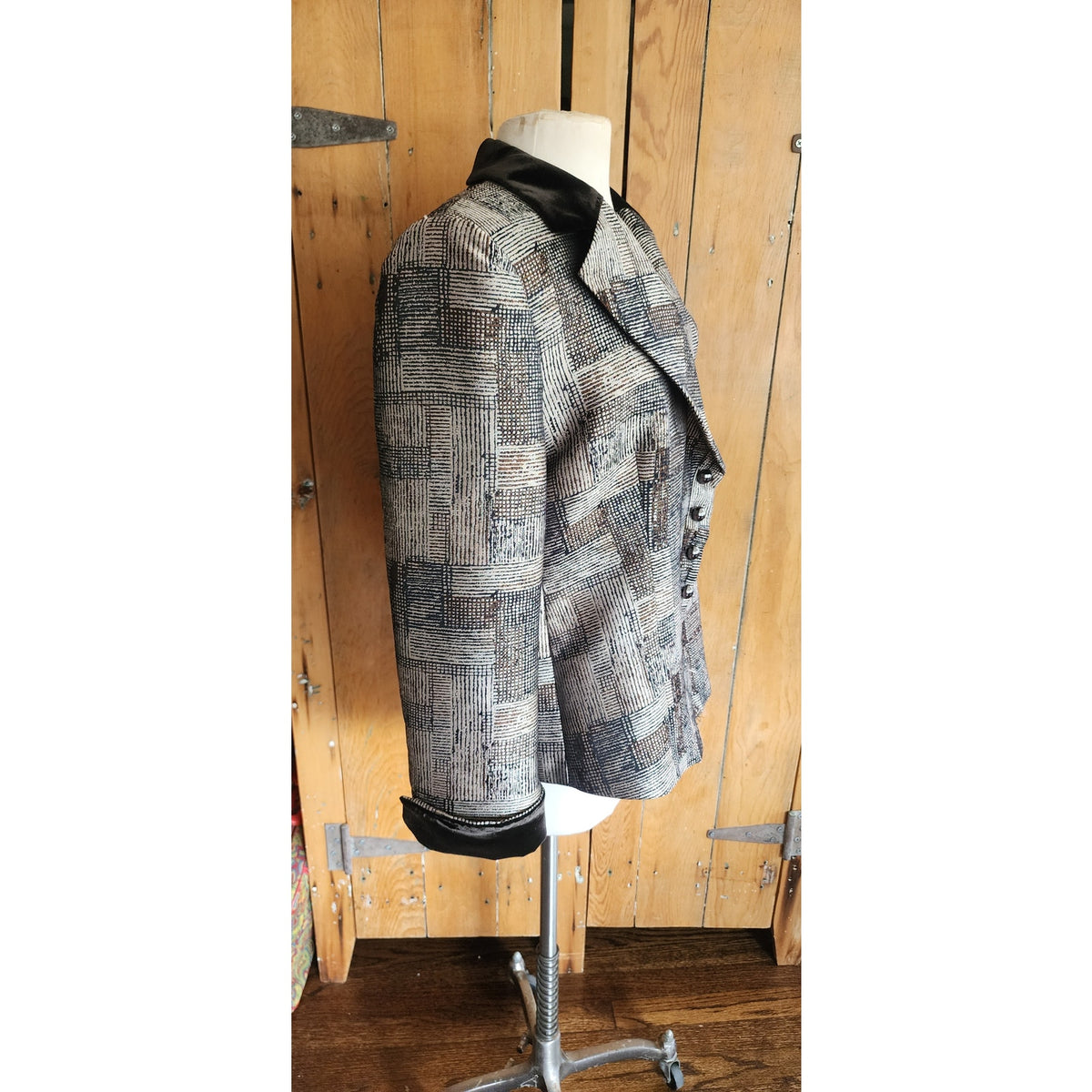Armani Collezioni Blazer Silver Black Jacket Jacquard Print Asymmetrical Buttons Large