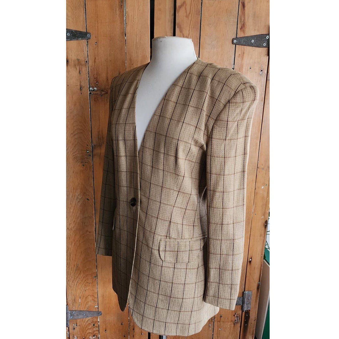 Vintage 80s Blazer Beige Windowpane Plaid Rena Rowan