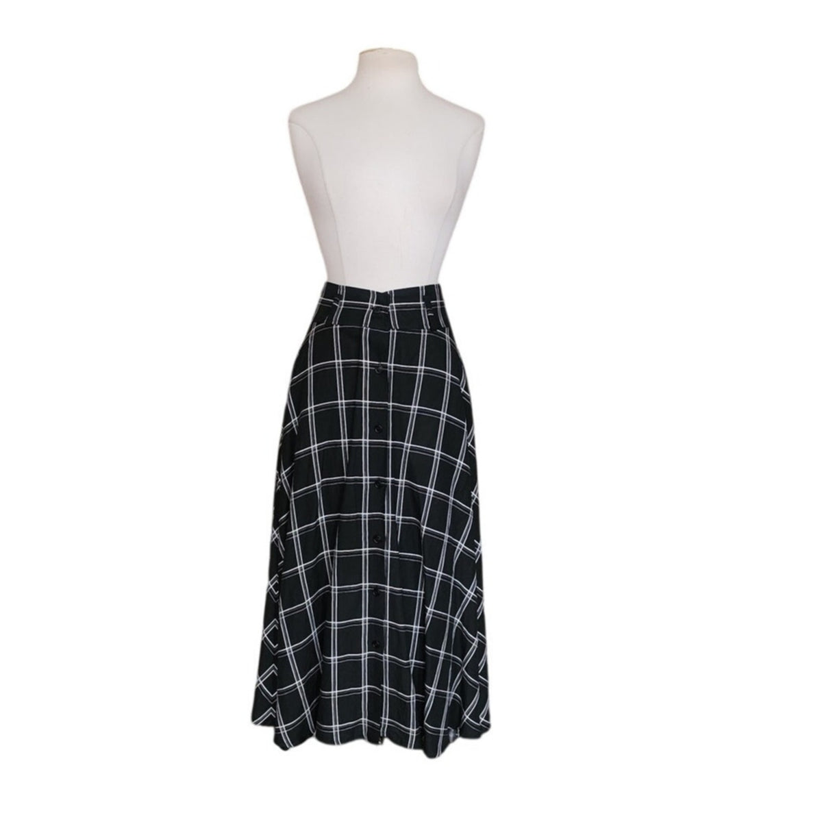 Vintage 1990s Anne Klein II Long Skirt Black Linen White Plaid Button Down / M