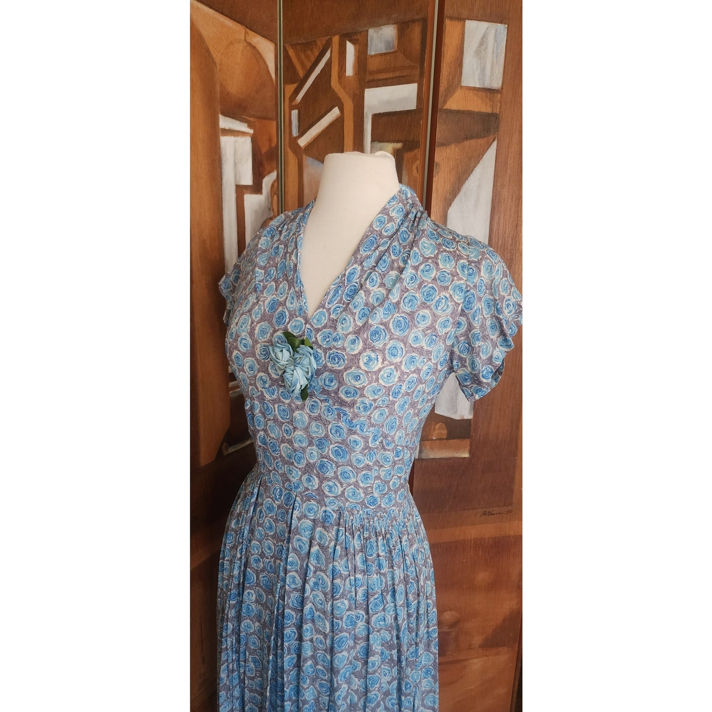 Vintage 1950s Blue Floral Rayon Midi Dress Fit and Flare Short Sleeve / S